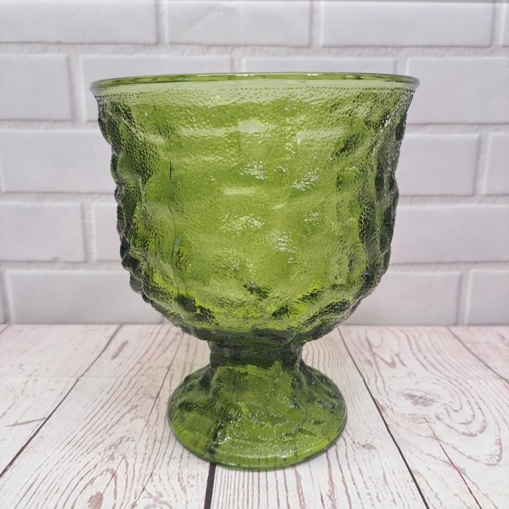 E.O. Brody Co Avocado Green 70s Crinkle Glass Pedestal Bowl Planter Vase Vintage